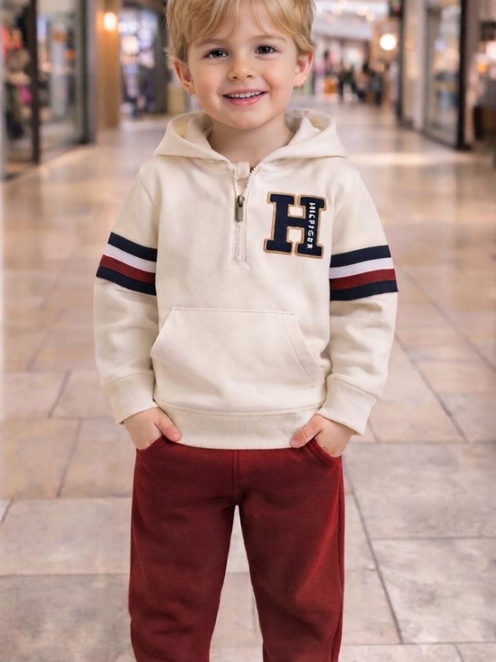 Tommy Hilfiger Cream Hoodie and Maroon Pants Set new